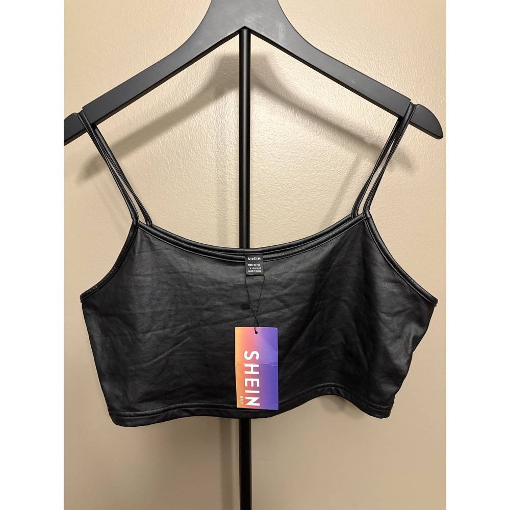 Shein Black Faux Leather Crop Cami Top Double Spaghetti Straps Size L 40/42